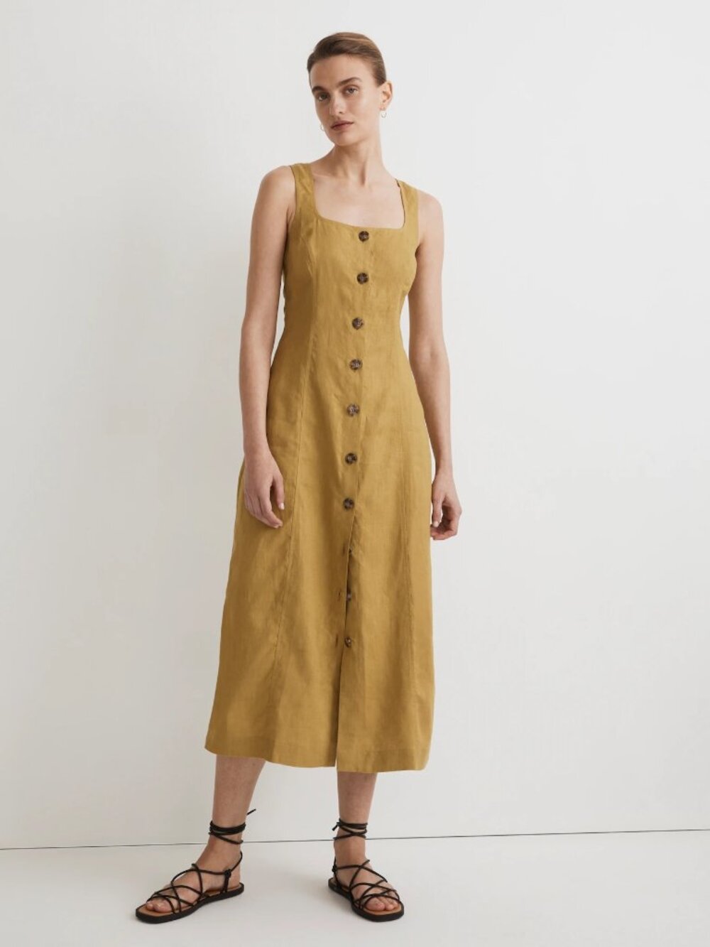 NWOT Madewell 100% Linen Button-Front Midi Dress in Citrus Lime